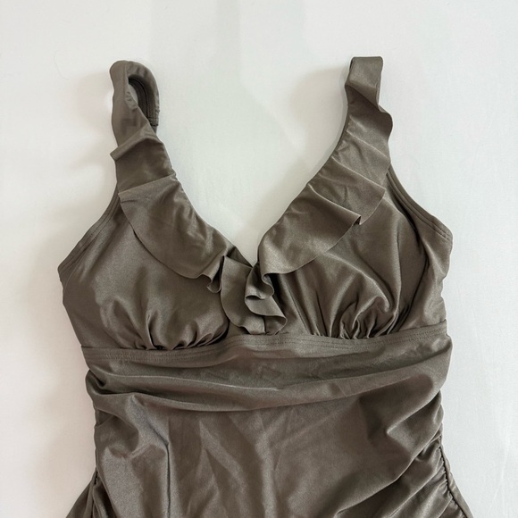 NWOT DKNY Ruffle Plunge One-Piece Swimsuit Olive Green - Picture 8 of 10